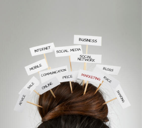 An image of a woman's hair bun with several small "pickets" made from paper taped to toothpicks are pushed into her hair. Words like: internet, marketing, blogs, social network, etc.